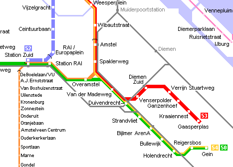 Метро 52 на карте Амстердама