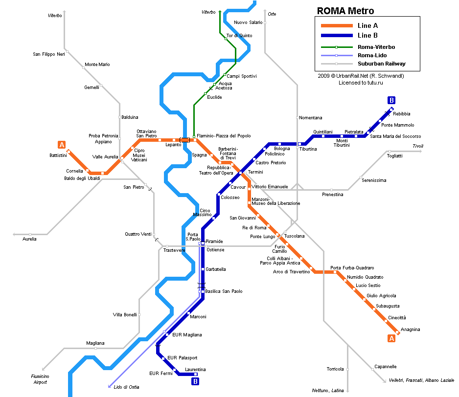 Карта метро г.Рим. Схема метрополитена: Рим.