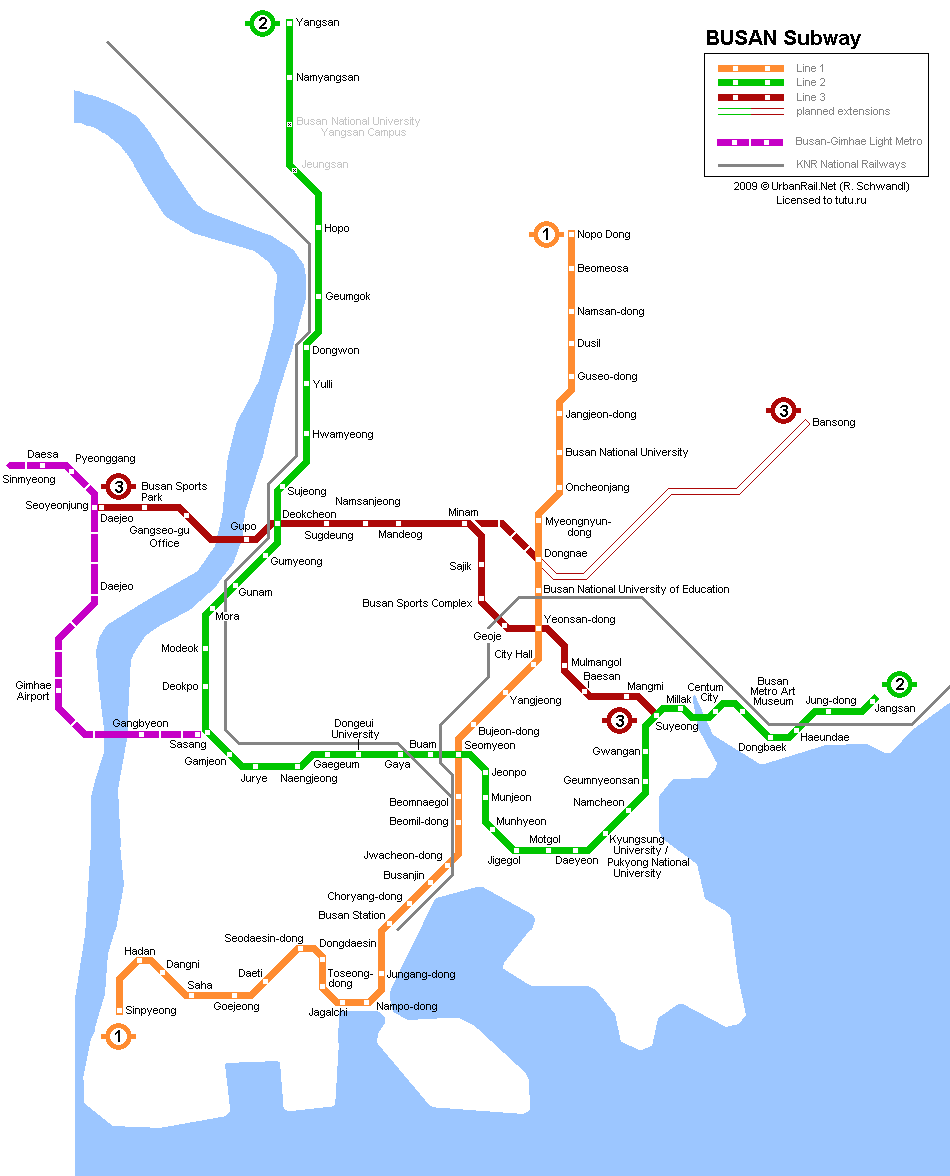 Карта метро г.Пусан. Схема метрополитена: Пусан.