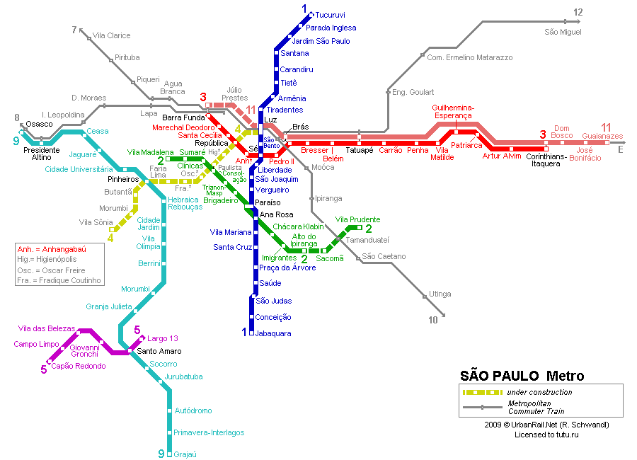 Карта метро г.Сан-Паулу. Схема метрополитена: Сан-Паулу.