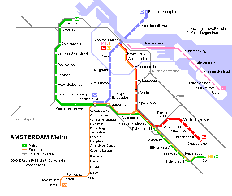 Карта метро г.Амстердам. Схема метрополитена: Амстердам.