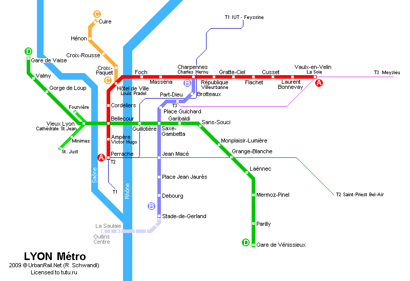 Карта метро г.Лион. Схема метрополитена: Лион.