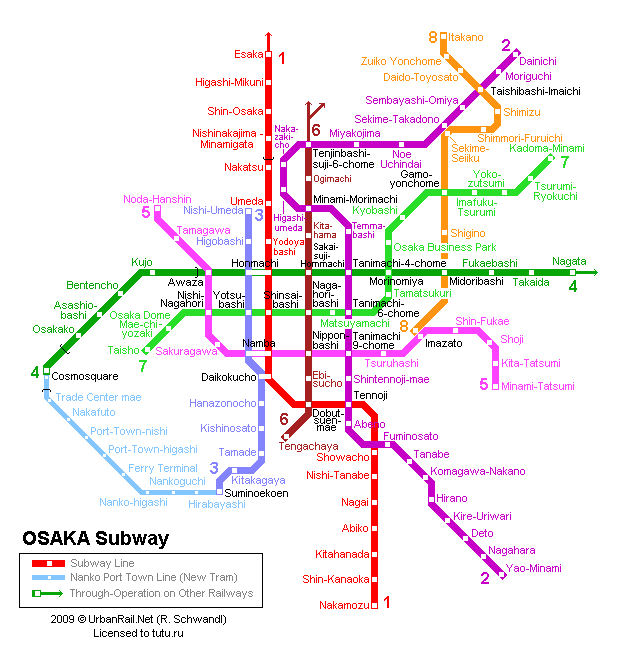 Карта метро г.Осака. Схема метрополитена: Осака.