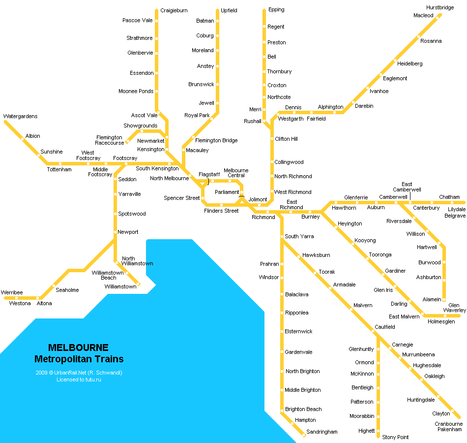 Карта метро г.Мельбурн. Схема метрополитена: Мельбурн.