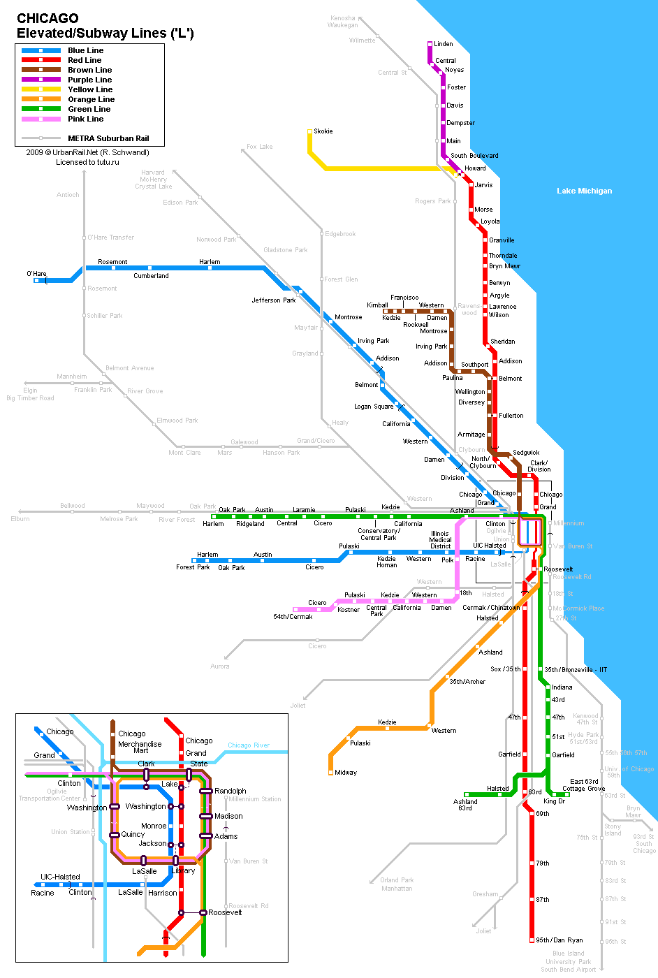 Карта метро г.Чикаго. Схема метрополитена: Чикаго.