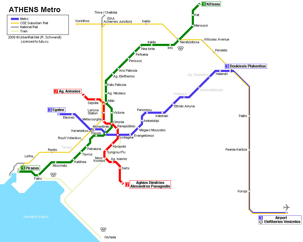 Карта метро г.Афины. Схема метрополитена: Афины.