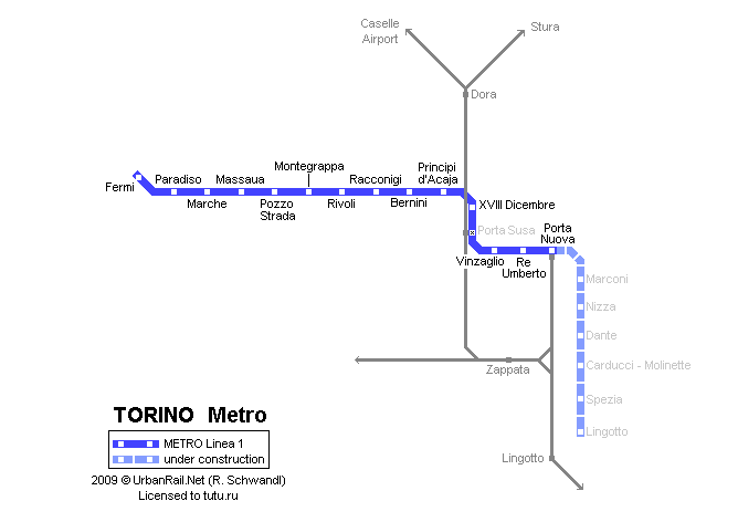 Карта метро г.Турин. Схема метрополитена: Турин.
