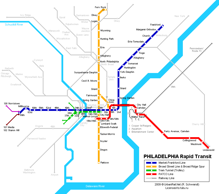 Карта метро г.Филадельфия. Схема метрополитена: Филадельфия.