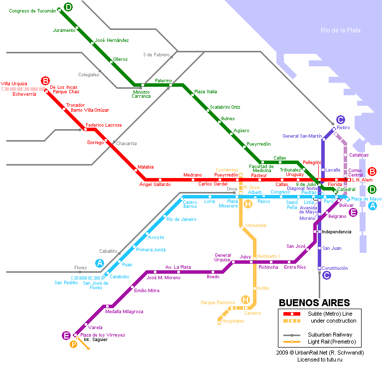 Карта метро г.Буэнос-Айрес. Схема метрополитена: Буэнос-Айрес.