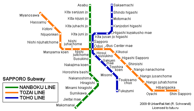 Карта метро г.Саппоро. Схема метрополитена: Саппоро.