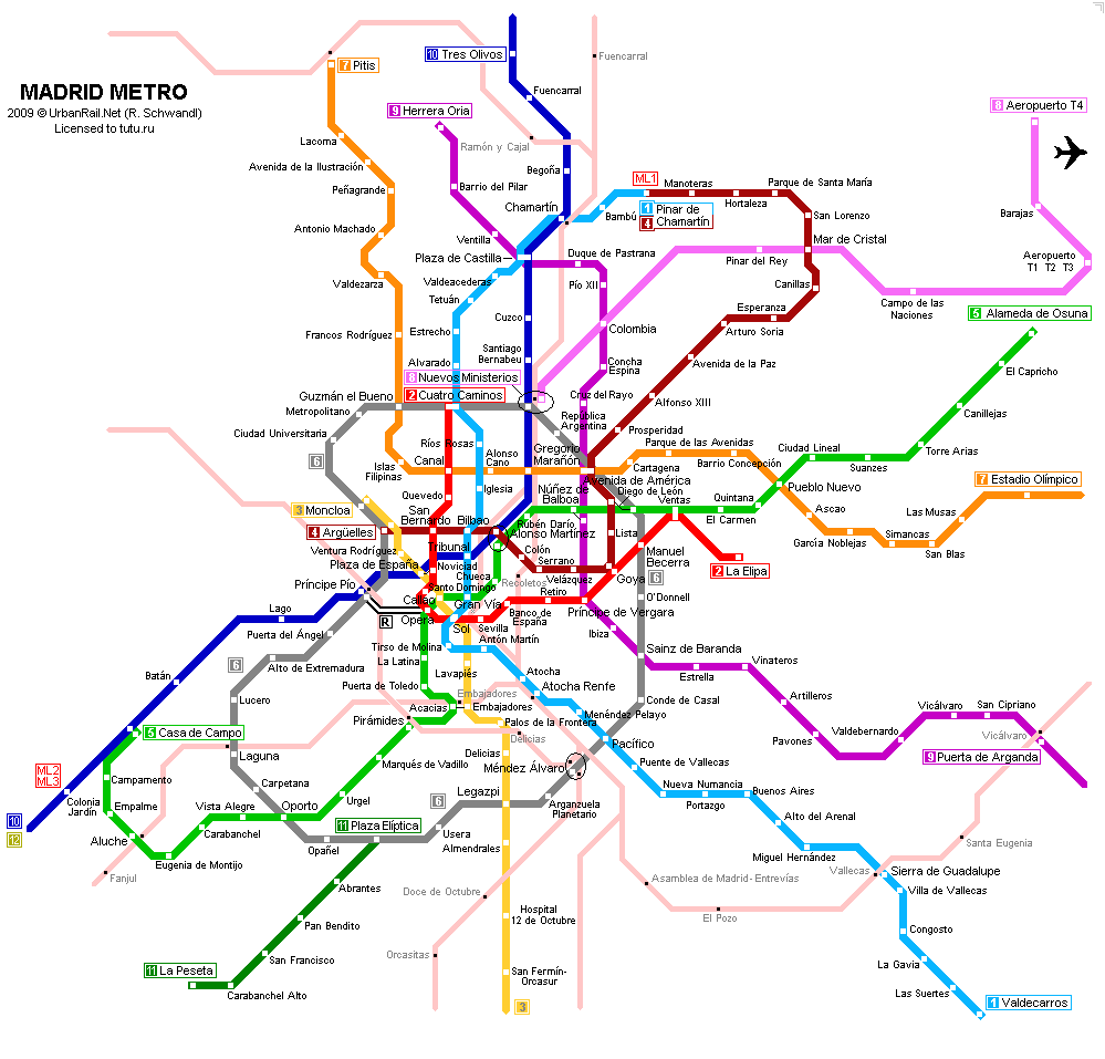 Карта метро г.Мадрид. Схема метрополитена: Мадрид.
