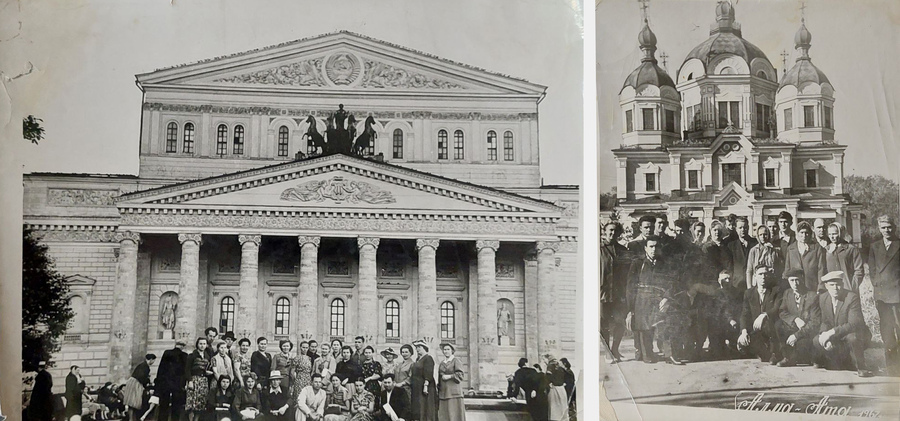На первом фото — туристическая группа, в составе которой Инна Петрова впервые поехала в Москву, 1954 год. На втором фото — Инна Петрова уже сама работает экскурсоводом — не смогла найти работу учителем географии и выучилась на экскурсовода — и водит группы по Алматы, тут она вместе с туристами на фоне Вознесенского собора