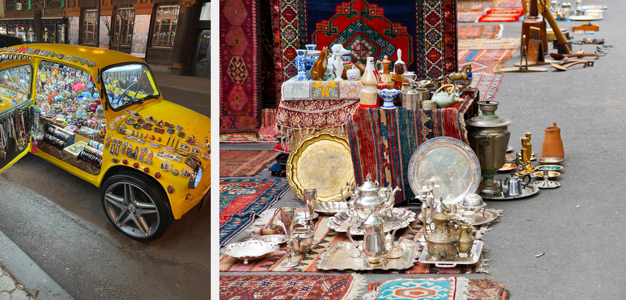 Ретроавтомобиль, переделанный под сувенирную лавку, и блошиный рынок в Ереване. Фото: Элла Хачатурова, istockphoto/VvoeVale