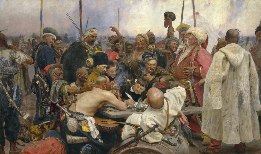 Эскиз картины «Запорожцы», Илья Репин, 1887 год. Холст, масло.
Вдохновением для художника послужил эпизод в имении Абрамцево, когда меценат и предприниматель Савва Мамонтов зачитал там письмо, которое запорожцы отправили турецкому султану в 1676 году. В Абрамцеве с 1878 года в усадьбе собирался так называемый Мамонтовский кружок, или Абрамцевский художественный кружок, где работали мастерские традиционных художественных ремёсел, ставились любительские спектакли, проходили творческие вечера, а художники приезжали писать с натуры. А потом ещё Репин сам отправился путешествовать по Запорожью. Фото Wikimedia