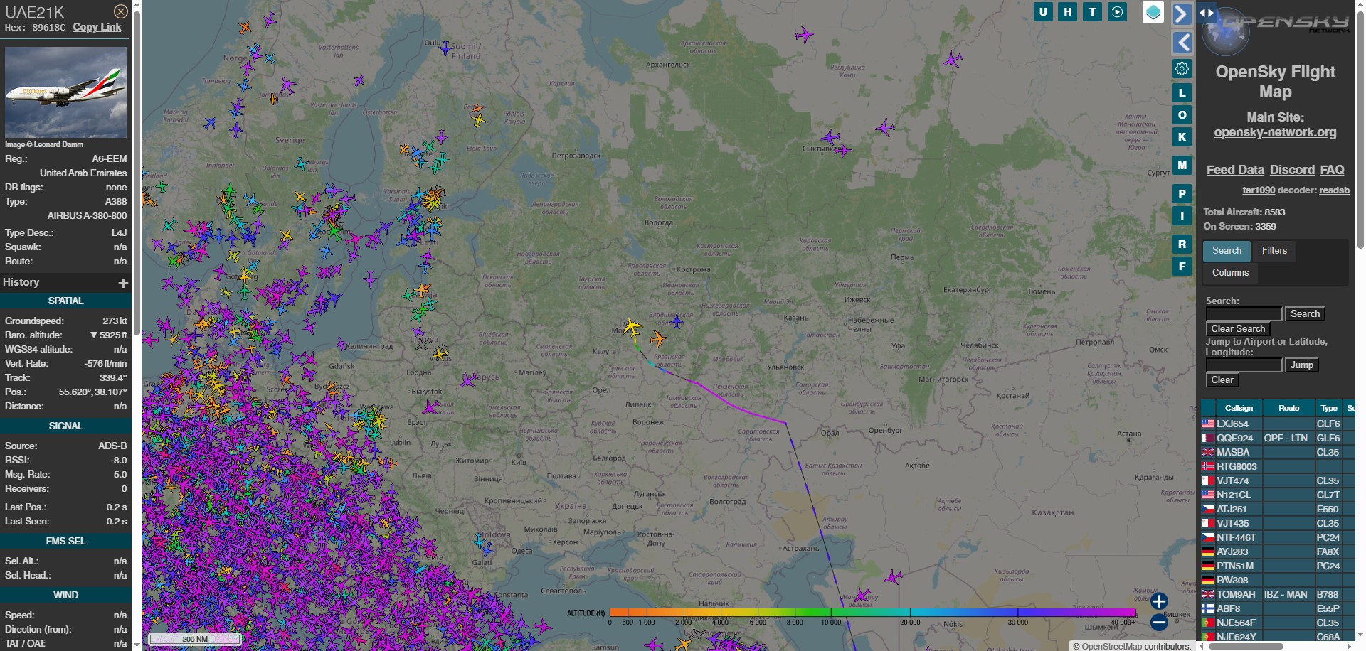 OpenSky Network — данные ADS-B по рейсу