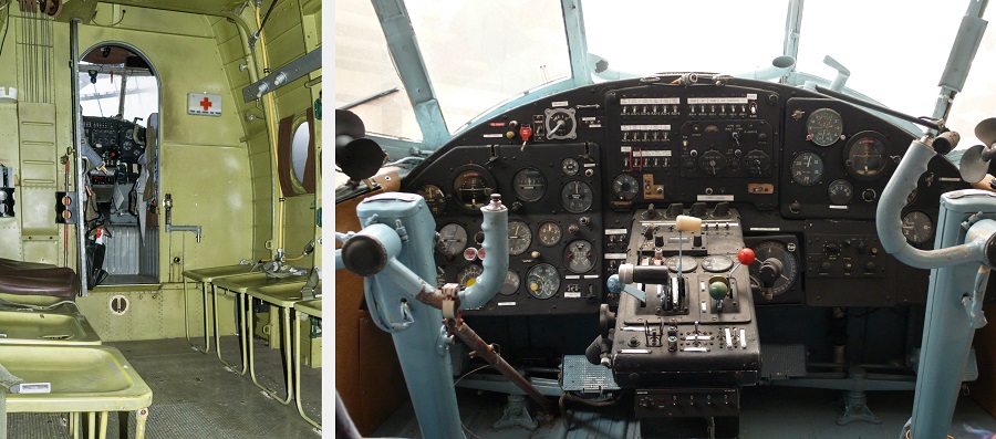  Салон с жёсткими откидными сиденьями на 12 пассажиров и кабина пилотов в Ан-2. Фото: wikimedia/TimVickers, Adam Kliczek
