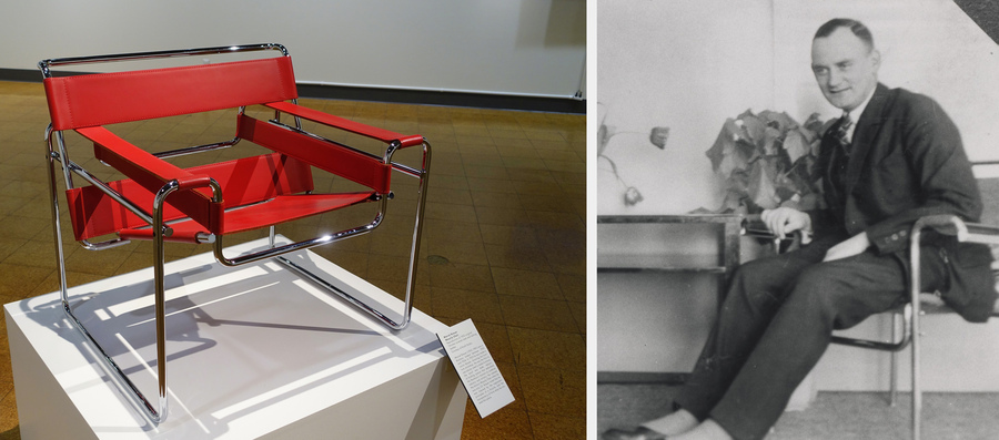  Модель кресла «Василий» 1925 года в Музее искусств университета Аризоны. Немецкий архитектор Карл Фигер в кресле «Василий», около 1935 года. Фото: wikimedia/Daderot, общественное достояние 