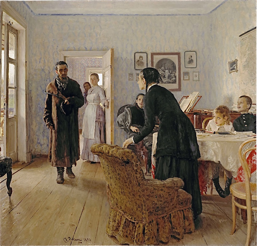 «Не ждали», Илья Репин, 1884–1888 год. Холст, масло.
Есть два варианта картины «Не ждали»: малый, или первый, датируемый 1883–1898 годами, и большой. И у исследователей творчества Репина нет общего мнения о том, когда началась работа над большим вариантом. Так, по воспоминаниям Всеволода Мамонтова, сына мецената Саввы Мамонтова, интерьер комнаты был списан Репиным с подмосковной дачи в Хотькове, где живописец провёл лето 1882 года. А искусствовед и художник Игорь Грабарь утверждал, что работа над двумя вариантами картины велась одновременно — «в те же летние и осенние месяцы 1883 г[ода], в мартышкинской даче, прямо с натуры». Мартышкино — это под Санкт-Петербургом. Версии Грабаря вторили и искусствоведы Алексей Фёдоров-Давыдов и Ольга Лясковская. Первый утверждал, что на полотне изображены комнаты дачи в Мартышкине, вторая отмечала, что на большом полотне Репин использовал «ту же комнату в Мартышкине, что и на маленькой доске». Как бы то ни было, картина была представлена на 12-й выставке Товарищества передвижных художественных выставок в Санкт-Петербурге в феврале 1884 года. Фото wikimedia