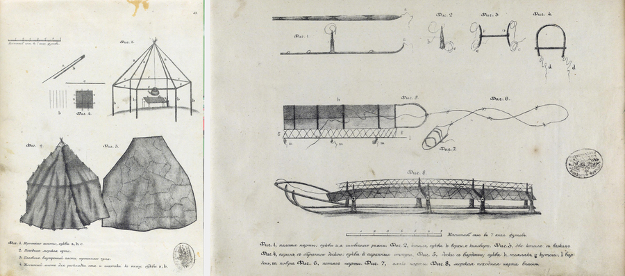  Походная юрта и шесты для ее установки. Нарты — сани для езды на упряжках собак или оленей, иллюстрация из книги «Путешествие по северным берегам Сибири и по Ледовитому морю, совершенное в 1820, 1821, 1822, 1823 и 1824 гг.». Фото Library of Congress