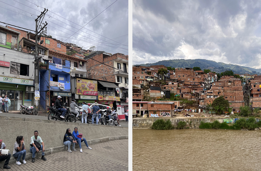  Виды Медельина. Слева: район недалеко от станции метро Acevedo. Справа: река Медельин — из-за быстрого течения и загрязнения она непригодна для купания. Фото: Мария Желиховская