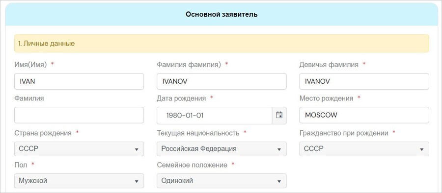 В поле «Девичья фамилия» (Surname At Birth) укажите фамилию при рождении. Поле обязательно даже для мужчин