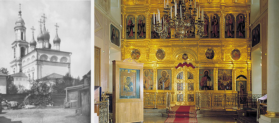 Храм Святителя Николая в Толмачах, 1883 год, Владимирская икона Божией Матери и алтарь в нём. Фото wikimedia (1, 2)