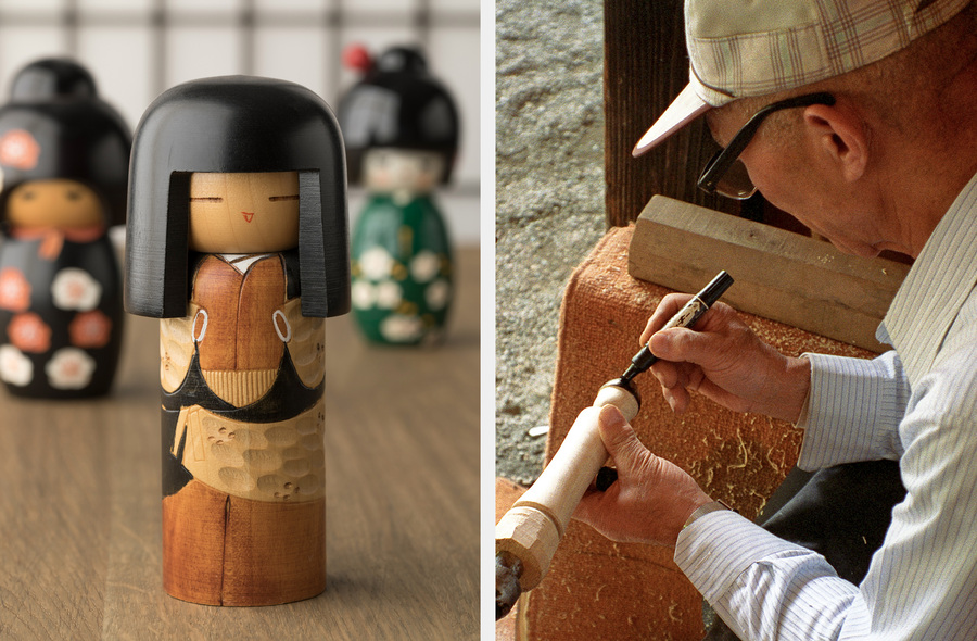  Процесс изготовления кокэси (справа) и готовая кукла. Фото: istockphoto/PicturePartners, wikimedia/Fg2