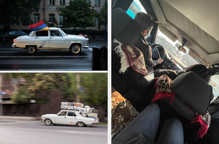 По Еревану комфортно передвигаться на машине или такси (справа). Отдельное удовольствие — изучать местный автопарк. Фото: unsplash/marcin simonides, rafael ishkhanyan, Элла Хачатурова