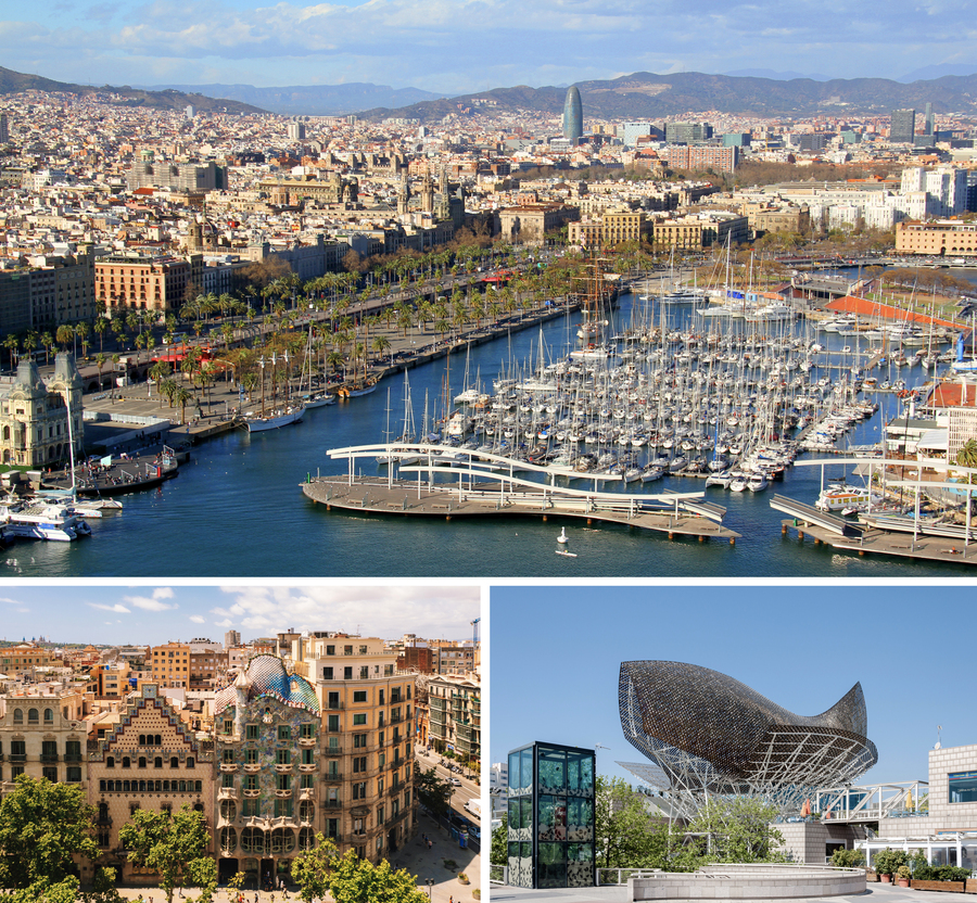  В Барселоне архитектура Антонио Гауди гармонично сочетается с новыми постройками, такими как, например, «Рыба» архитектора Фрэнка Гери. Фото: istockphoto/BrendanHunter, pawel.gaul; wikimedia/Isiwal 