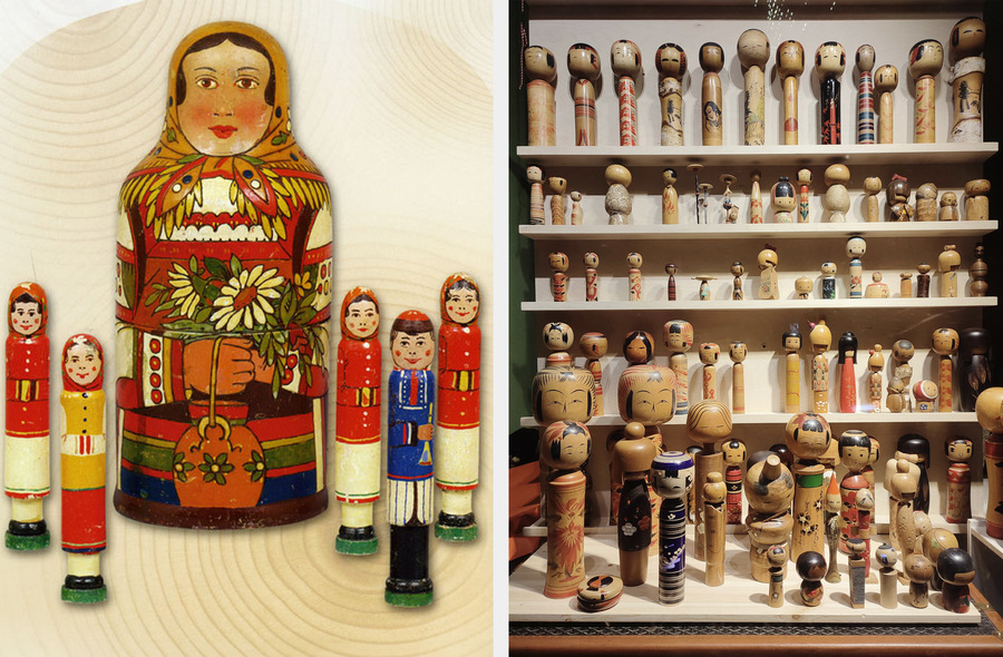  Матрешки-кегли (1933 год) и японские куклы кокэси. Фото: официальная группа ВКонтакте Сергиево-Посадский музей-заповедник; wikimedia/Michaela Senz (Senzefrau)