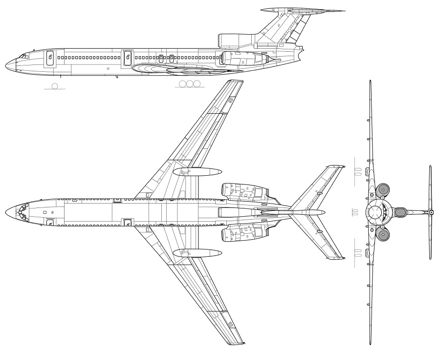  Ту-154Б-2 в трёх проекциях. В схеме есть ошибка — лишний иллюминатор. Фото: wikimedia/Kaboldy 