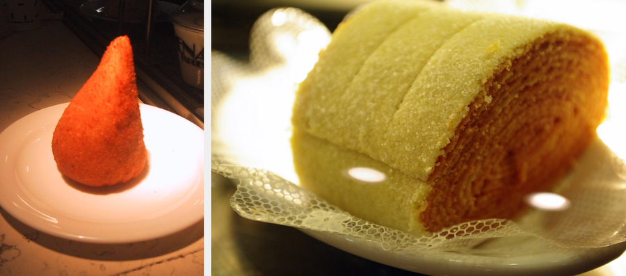  Слева: коксинья, крокеты из курицы, — популярная бразильская закуска. Справа: болу-ди-ролу (португ. bolo de rolo) — традиционный десерт северного штата Пернамбуку. Фото wikimedia (1, 2) 