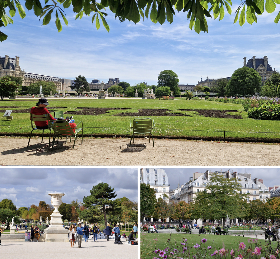  В парке Тюильри (на фото слева) до 1871 года размещался одноимённый дворец, который сожгли революционеры Парижской коммуны. На фото справа уцелевшие павильон Марсан (слева) и павильон Флоры, они соединены переходами с Лувром. Фото flickr/Magali M, BeyondDC (1,2)