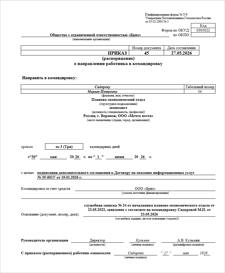 Приказ о командировке: образец заполнения