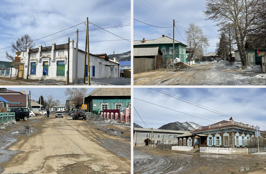 В новой части города, где магазины, три аптеки и две больницы, асфальт кое-где ещё встречается. А ближе к реке, в исторической части (на фото), куда-то пропадает