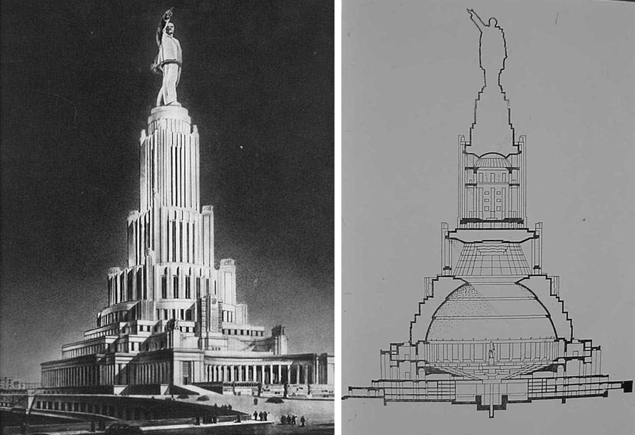 Дворец Советов: визуализация здания и схема установки статуи Владимира Ленина. Фото: wikimedia