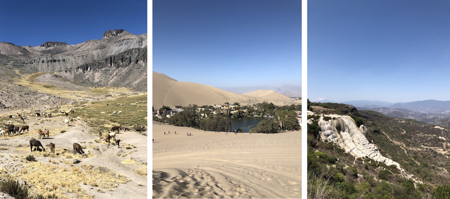 Слева направо: в Перу в каньоне Колка и в городе Ика, в Мексике возле термальных источников в Иерве-эль-Агуа 