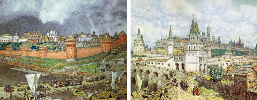 Картины Аполлинария Васнецова «Кремль при Иване III» (1921 год) и «Расцвет Кремля. Всехсвятский мост и Кремль в конце XVII века» (1901 год). Фото: wikimedia