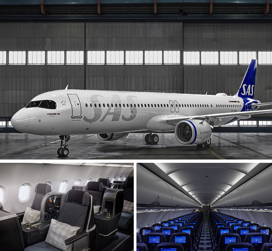  Внешний вид Airbus А321 авиакомпании Scandinavian Airlines, а также интерьер: салоны бизнес-класса (слева) и экономического. Фото Airbus 