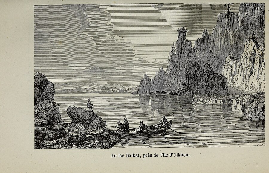 Вид на озеро Байкал у острова Ольхон, гравюра, Фердинанд де Ланой, 1868 год. Фото: wikimedia/Lanoye, F. de Ferdinand
