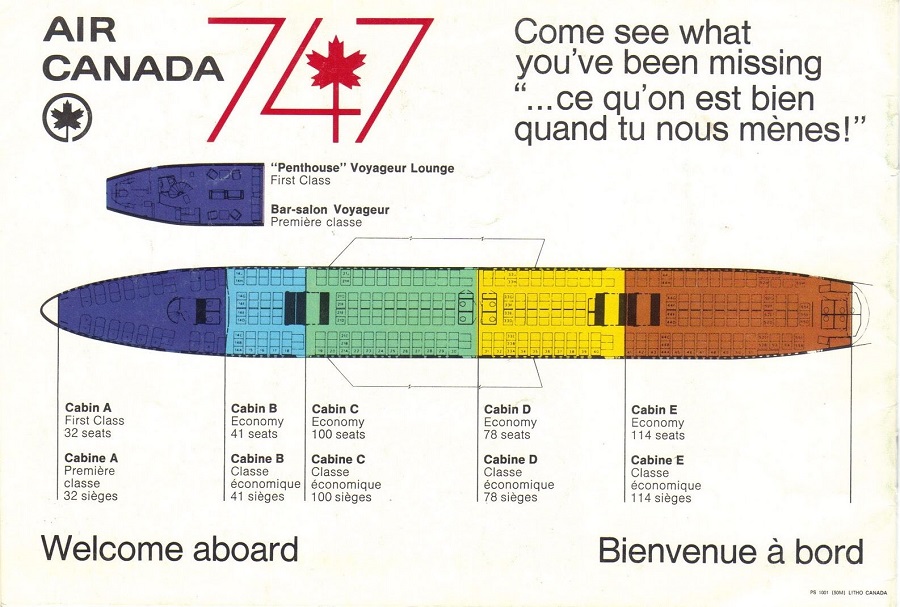Схема компоновки салона Boeing 747 авиакомпании Air Canada. Фиолетовым выделены первый класс и лаундж для его пассажиров, остальными цветами — разные части салона экономического класса. Фото: Air Canada