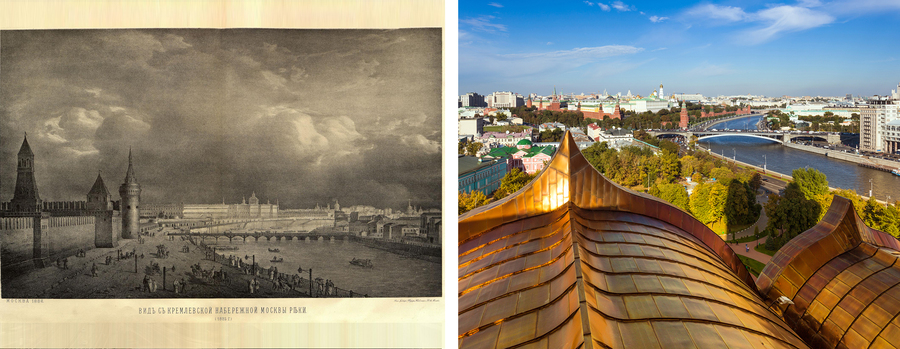 Вид на Москву с разницей почти в 200 лет. Гравюра 1825 года и фотография 2012-го. Фото: wikimedia; istockphoto/Mordolff