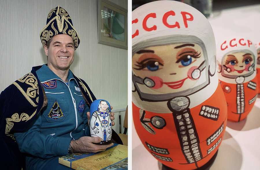 Астронавт NASA Кевин Форд с матрёшкой (слева) и матрёшка, расписанная в честь первой женщины-космонавта Валентины Терешковой. Фото: wikimedia/Alexandermcnabb, Bill Ingalls