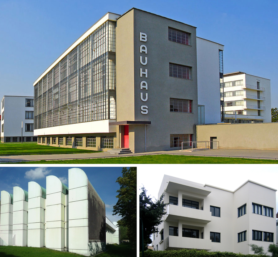  Здания Баухаус в Дессау (вверху) и в Берлине (внизу слева) по проектам Вальтера Гропиуса и музей Баухаус в Тель-Авиве. Фото: wikimedia/Bauhaus 