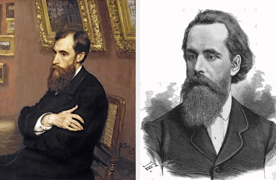 Слева работа Ильи Репина «Портрет П.М. Третьякова», 1883 год, холст, масло. Справа изображение Сергея Третьякова  из журнала «Всемирная иллюстрация», 1877 год. Рисовал Пётр Борель с фотографии Александра Эйхенвальда, гравировал Иван Матюшин. Фото wikimedia (1, 2)