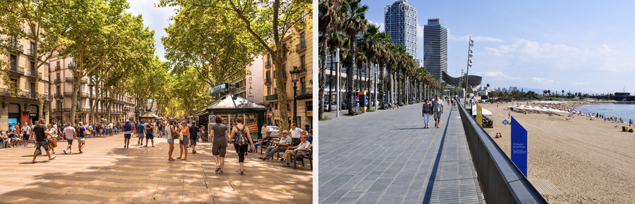  Пешеходная улица Рамбла и набережная в Барселоне. Фото: istockphoto/EHStock; wikimedia/Ralf Roletschek