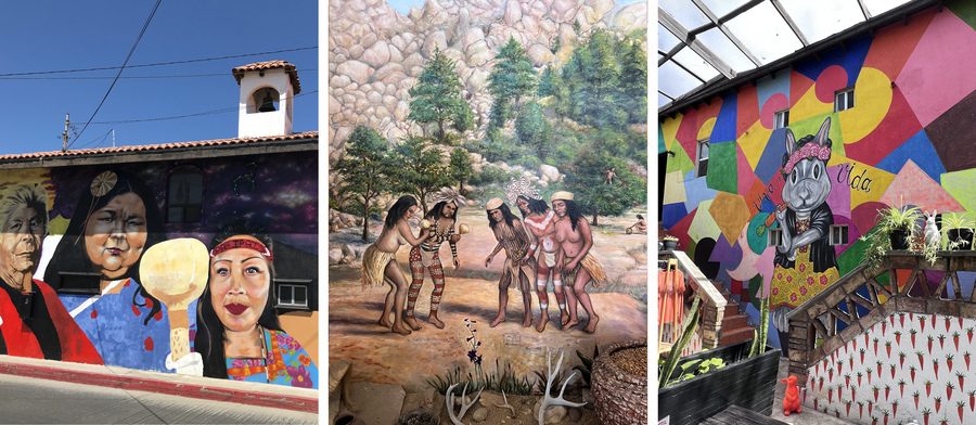 Нижняя Калифорния. Слева — уличное граффити в Энсенаде. В центре — изображение индейцев кумиай в Общественном музее в городе Текате. Справа — кофейня для любителей кроликов в Росарито. Фото: Мария Желиховская