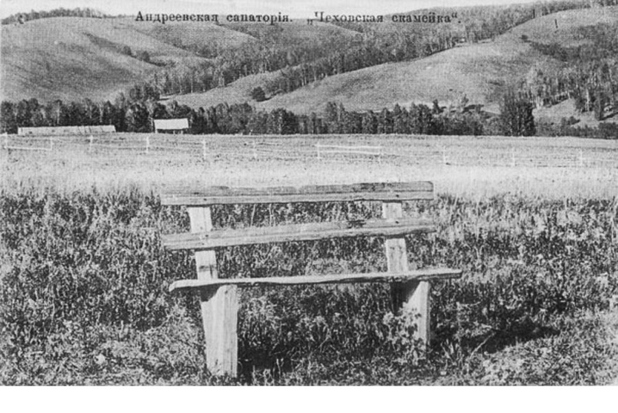 Скамейка, на которой сиживал в Андреевском санатории Антон Чехов, 1901 год. Фото:  wikimedia/неизвестный автор