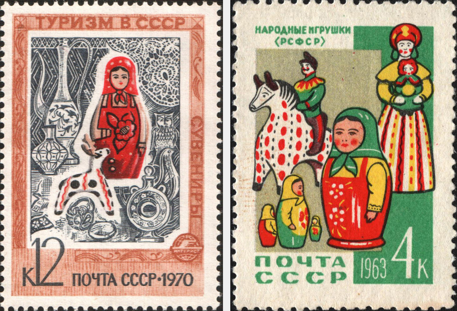 Советские марки с изображением матрёшки. Фото: wikimedia/Bin im Garten, Post of the Soviet Union (E. N. Komarov)