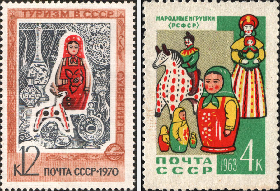  Советские марки с изображением матрёшки. Фото: wikimedia/Bin im Garten, Post of the Soviet Union (E. N. Komarov) 